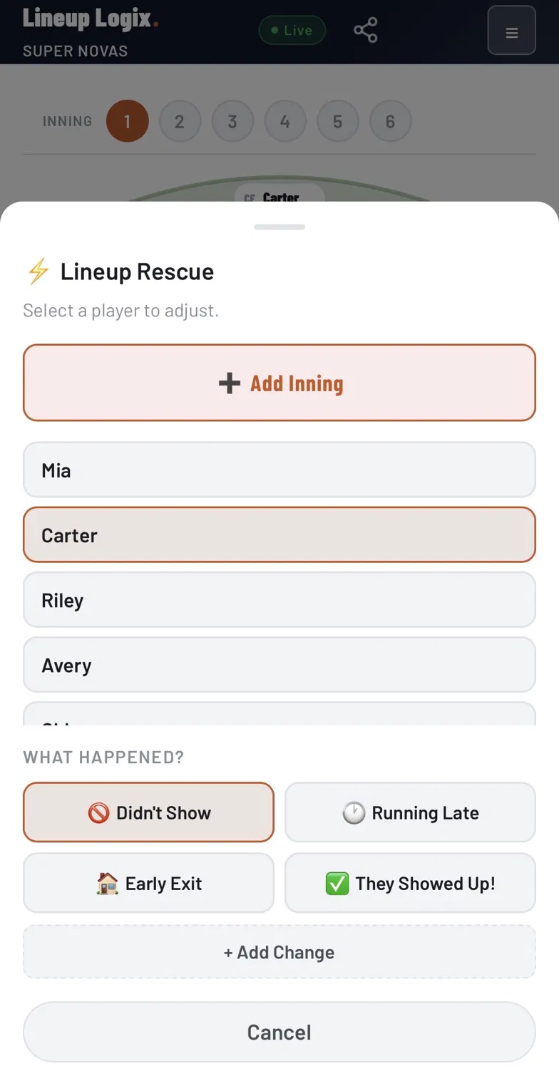 The Lineup Rescue sheet open over a live game: a list of players to pick from, an Add Inning button, and the what-happened choices — Didn't Show, Running Late, Early Exit, They Showed Up